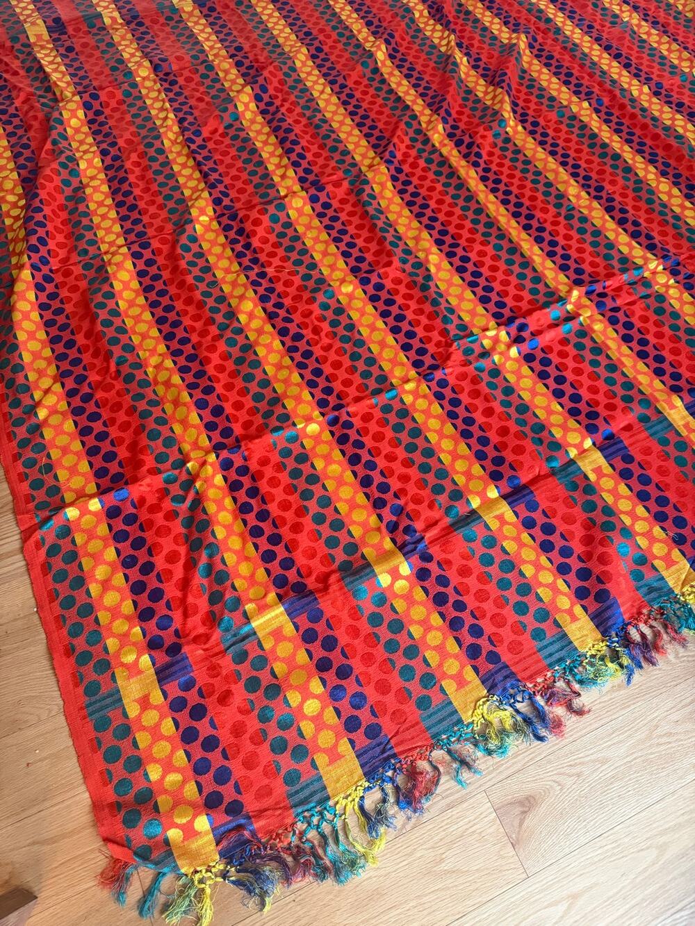 Vintage Vibrant Boho Bedspread Red Blue Yellow Dots w Fringe 87X87"